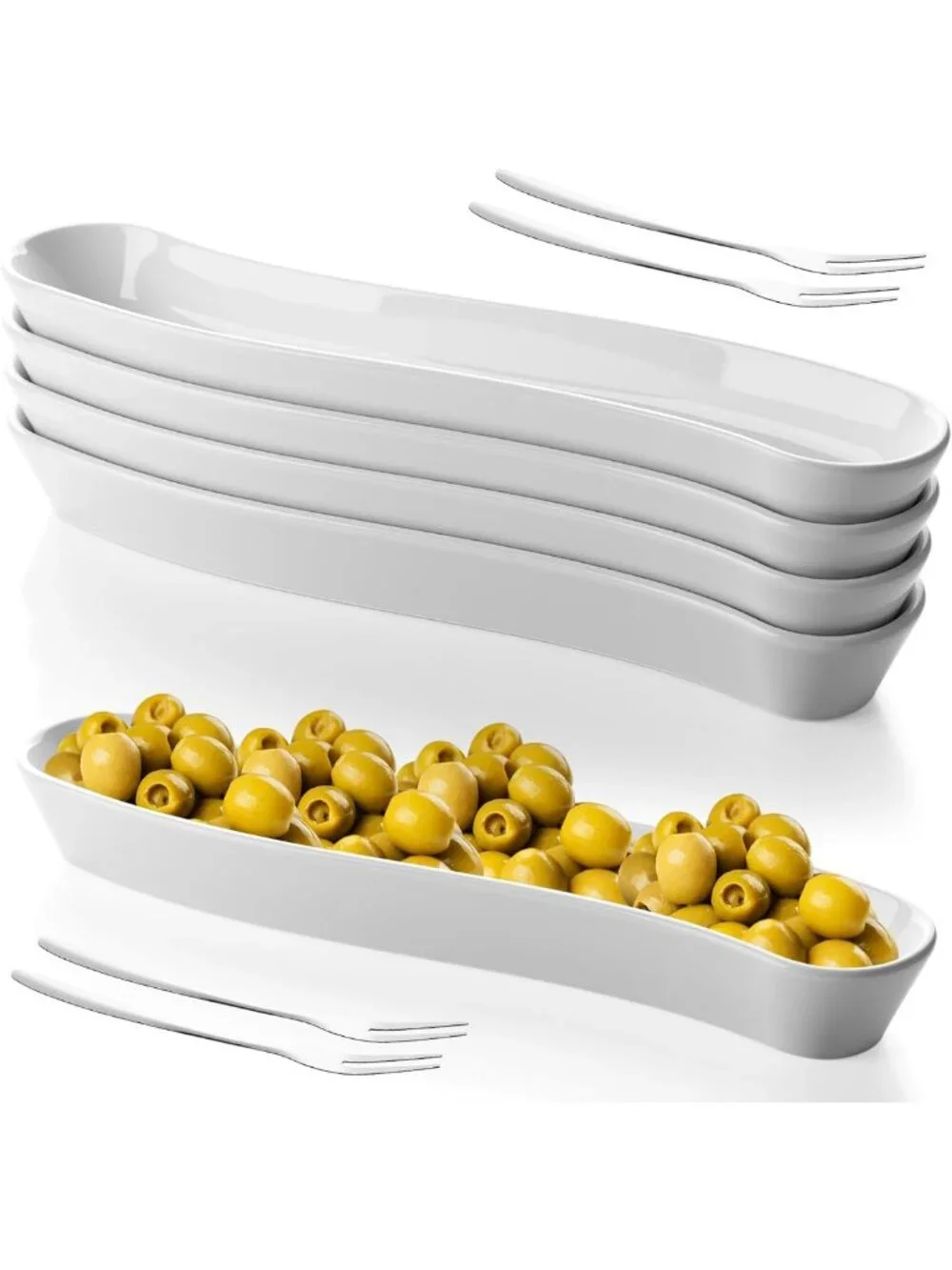 Set of 4 Olive Boat Trays with Forks - 12” Arc Shape Ceramic Dishes for